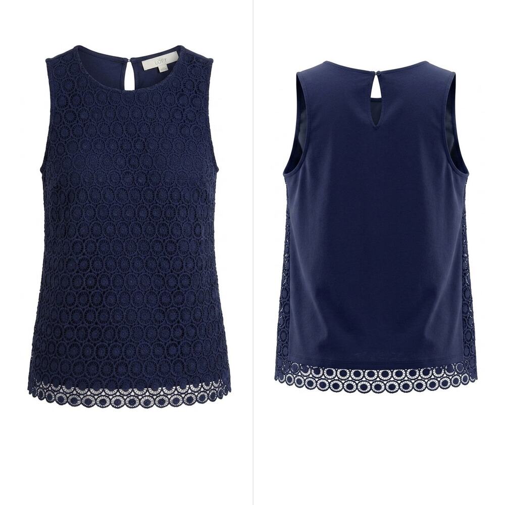 Loft Navy Blue Crew Neck Eyelet Lace Sleeveless Tank Top Women Size XS